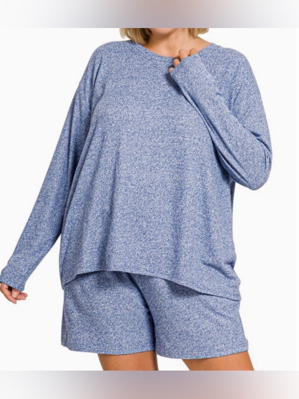 Zenana Outfitters Blue Heathered Long Sleeve Top & Shorts Set